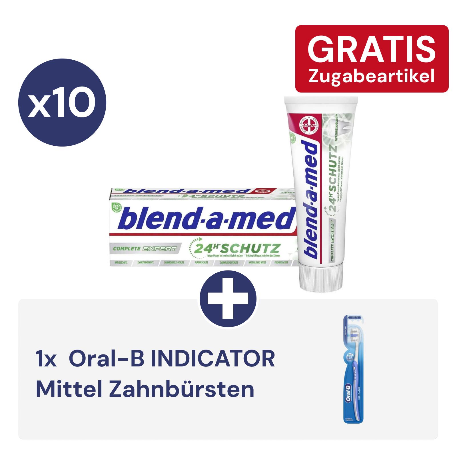 10x blend-a-med COMPLETE EXPERT Zahnpasta 75 ml + 1x gratis Oral-B INDICATOR mittel Zahnbürste