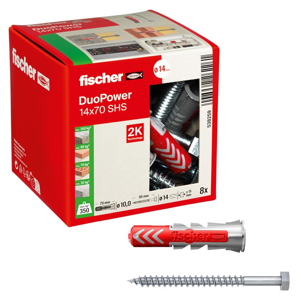fischer DuoPower 14×70 S Dübel mit Schrauben 14 x 70 mm, 8 Stück