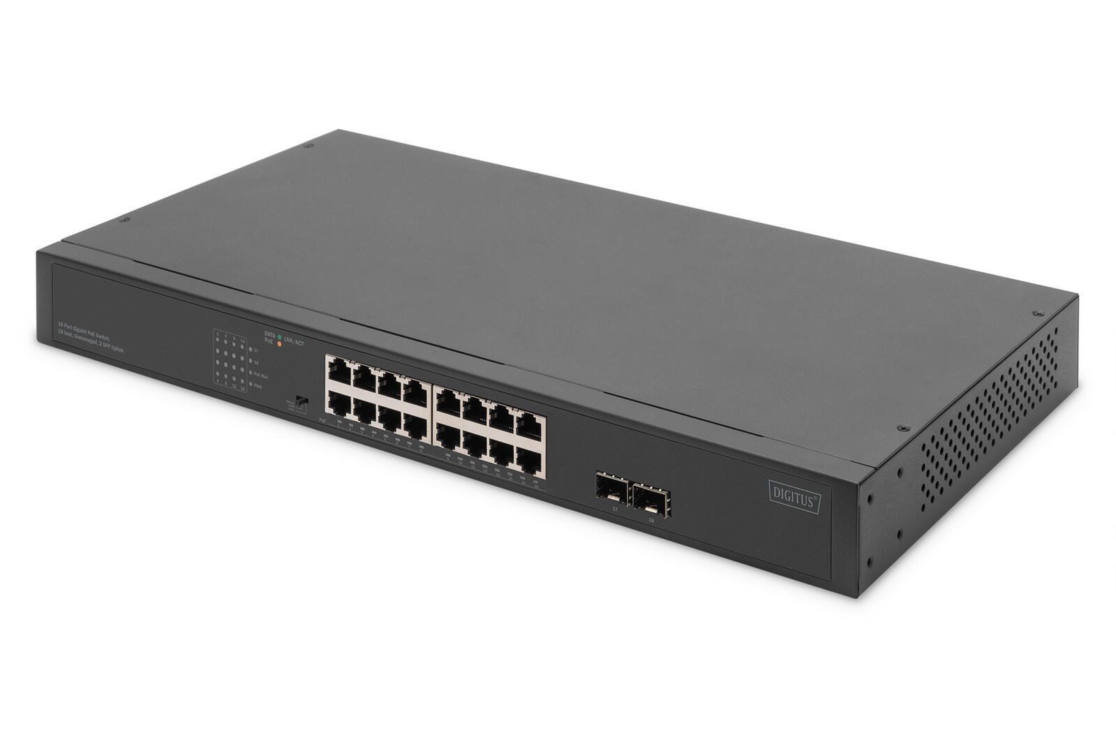 Digitus 16-Port Gigabit Netzwerkswitch, 19 Zoll, unmanaged, 2 Uplink Ports, SFP
