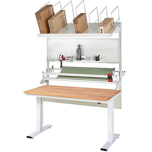Rau Packtischsystem 05 Werktisch-Serie adlatus 300, B 1500 x T 800 x H 720-1120 mm, Buche-Massivholzplatte, bis 300 kg