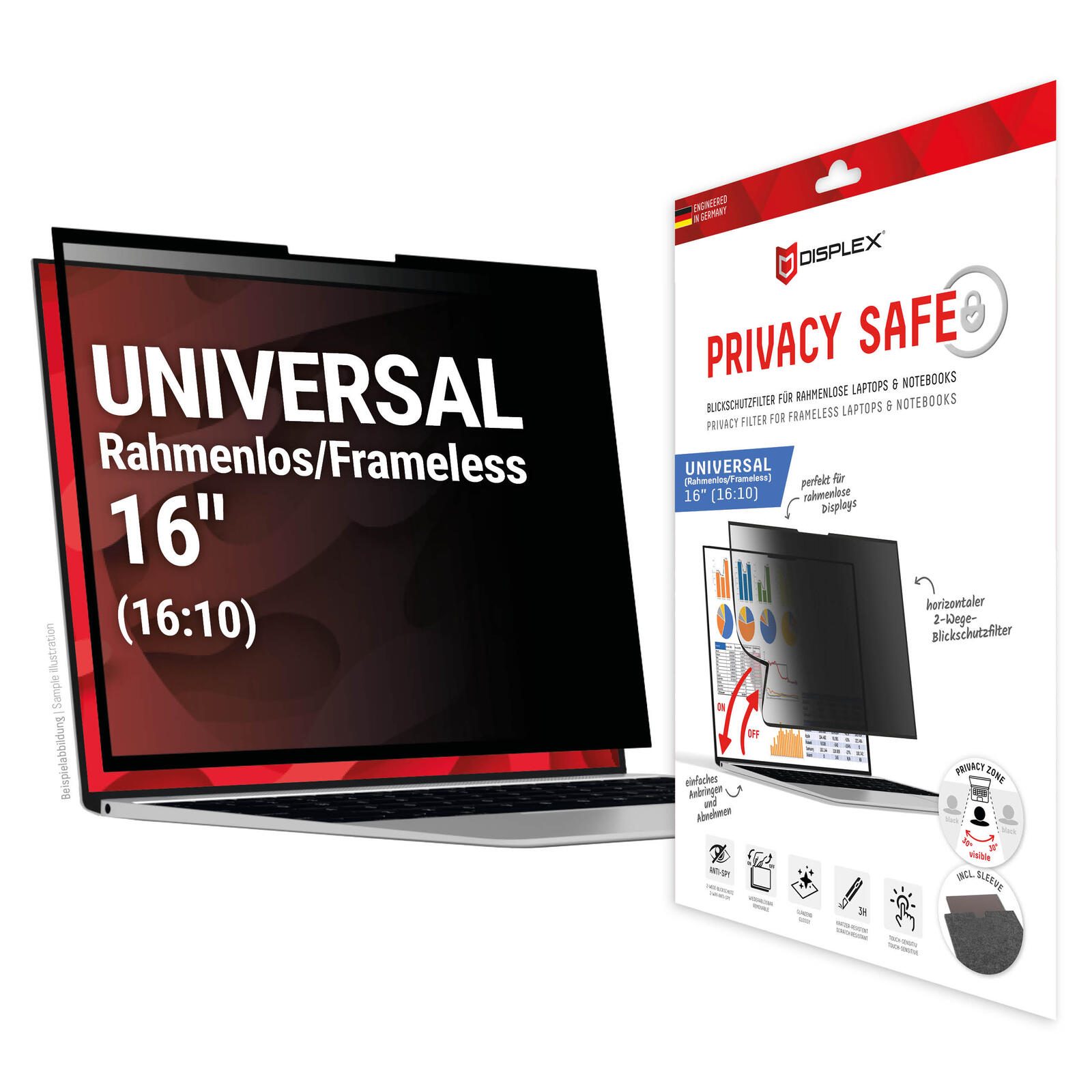 DISPLEX PRIVACY SAFE Wiederablösbarer 2-Wege Blickschutzfilter für Laptop/ Notebook (randlos/frameless) 16“ (16:10)
